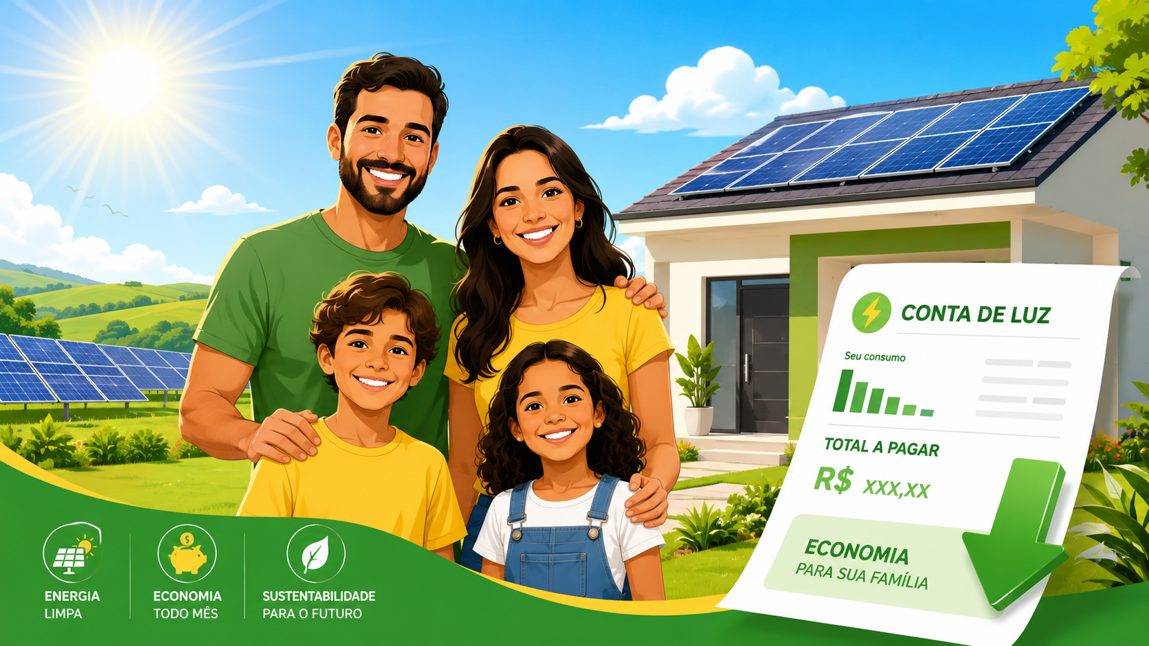 Família economizando na conta de luz com energia solar por assinatura no Brasil